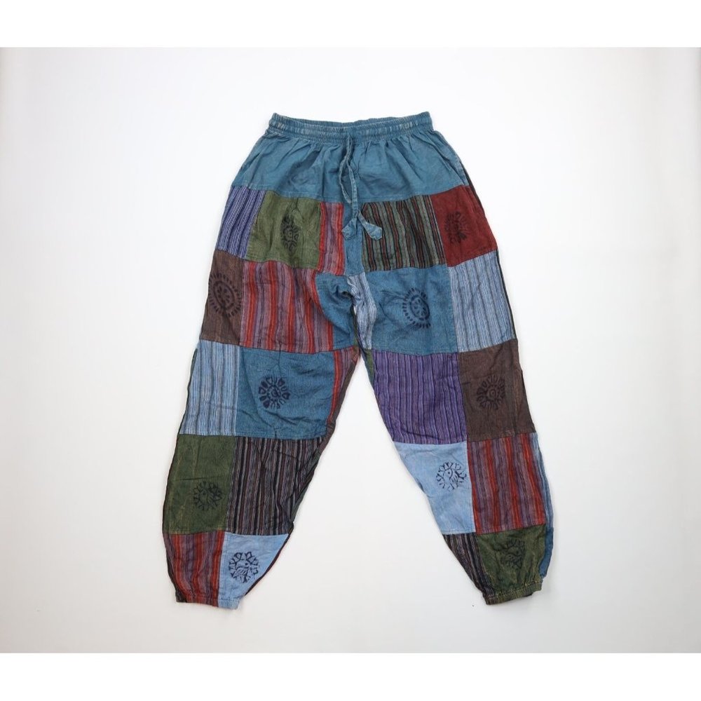 Vintage 90s Streetwear Mens Large Faded Rainbow Patchwork Harem Joggers Pants